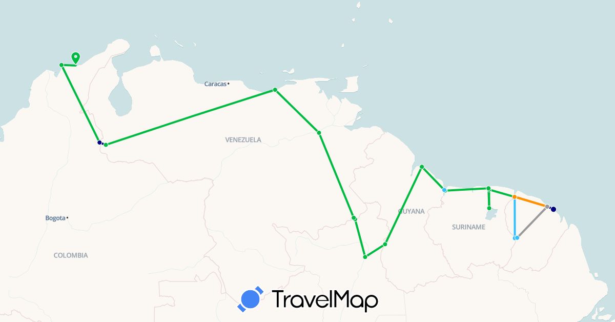 TravelMap itinerary: driving, bus, plane, boat, hitchhiking in Brazil, Colombia, French Guiana, Guyana, Suriname, Venezuela (South America)